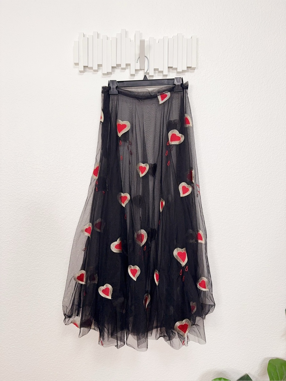 .ING Black Sheer Tulle Embroidered Heart A Line Midi Skirt Romantic Y2K